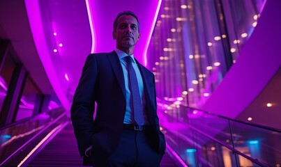Confident man in formal wear stands in modern building with stylish purple neon lights 