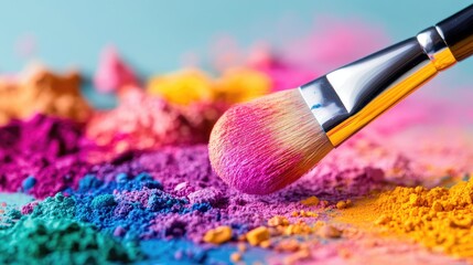 Fototapeta premium Colorful Makeup Brush with Vibrant Powder Pigments on Surface