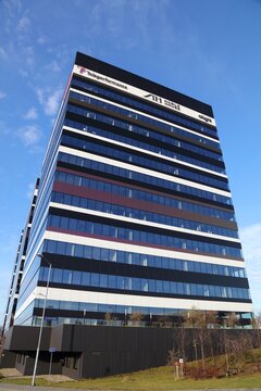 KATOWICE, POLAND - DECEMBER 19, 2023: Silesia Business Park office buildings affectionately called Tiramisu Buildings by tenants and local people. Offices of Teleperformance, Noble House and Alight.