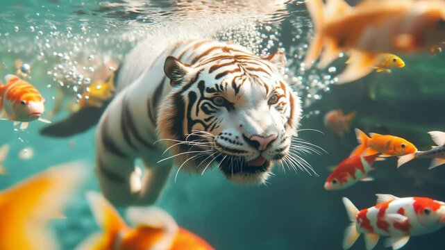 A Beautiful White Tiger Swimming Underwater with Colorful Koi Fish.