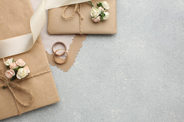 Rustic Wedding Invitation Flat Lay – Kraft Paper Envelopes, Wedding Rings, and Lace Details