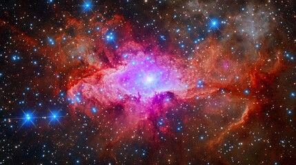 Fototapeta premium Distant blazar radiating intense light, surrounded by cosmic dust, a mysterious early universe phenomenon.