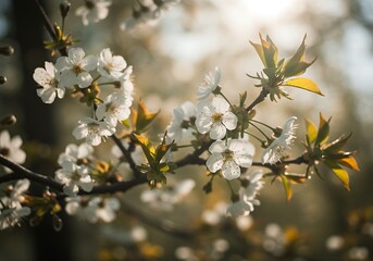 Delicate spring blossoms bathed in the warm golden sunlight of a gentle afternoon, their fragile petals unfolding in quiet beauty.