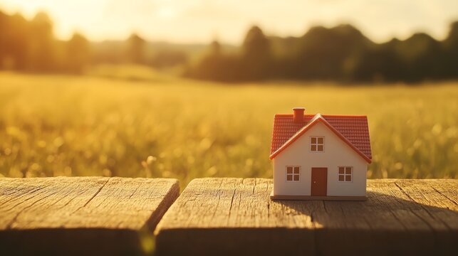 Dream house model on a wooden table in an open field, symbolizing simplicity and aspiration.