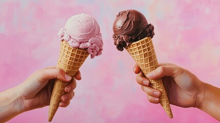 Two hands holding chocolate and strawberry ice cream cones. 11