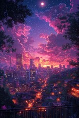 Vibrant cityscape at dusk with glowing lights under a starlit sky