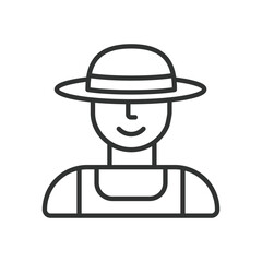 Fototapeta premium Farmer, icon in line design. Farmer, agriculture, farm, harvest, rural, crops, tractor on white background vector. Farmer, editable stroke icon