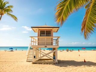A lifeguard tower stands on a sandy beach, surrounded by palm trees, with sunbathers and colorful umbrellas under a bright blue sky.