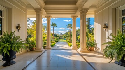 Grand entrance of a luxury house with a serene outdoor landscape, embodying elegance and tranquility.
