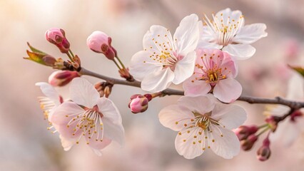 Naklejka premium Cherry Blossoms in Full Bloom on a Branch with Delicate White and Pink Petals Highlighting Springtime Beauty