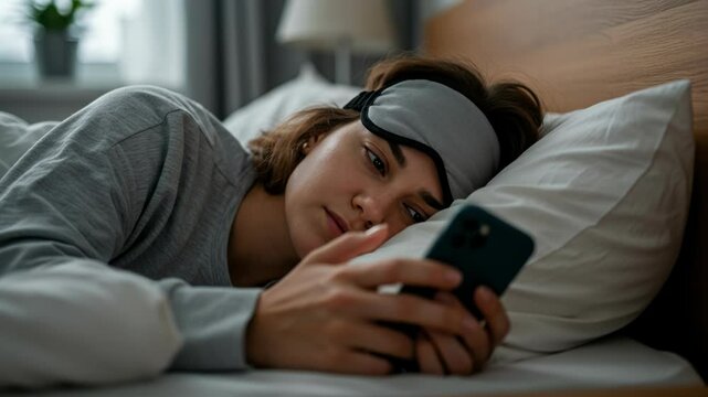 Young Caucasian woman lying in bed using smartphone, sleep mask on forehead and tired expression. Concept of insomnia, screen addiction, late-night scrolling and digital dependency