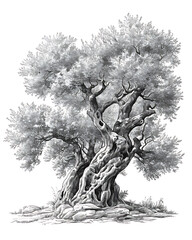.Illustration of trees, leaves, grass and various botanical elements on a white background.