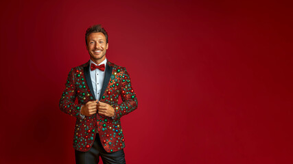 Handsome and irresistible man with a charming smile, wearing a tuxedo made of Christmas ornaments, standing in front of a solid background, in the spirit of the holidays, Christmas, and New Year