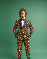 Handsome and irresistible man with a charming smile, wearing a tuxedo made of Christmas ornaments, standing in front of a solid background, in the spirit of the holidays, Christmas, and New Year