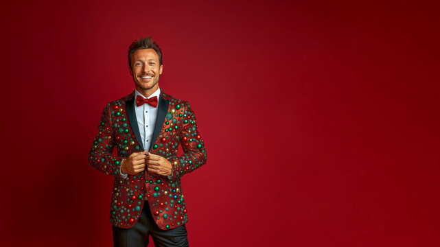 Handsome and irresistible man with a charming smile, wearing a tuxedo made of Christmas ornaments, standing in front of a solid background, in the spirit of the holidays, Christmas, and New Year