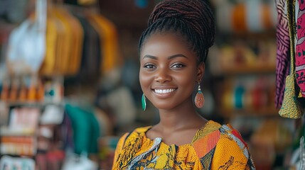 a portrait of a smiling young woman with braided hair stands confidently against a colorful shop background. She's looking at the camera with a radiant smile