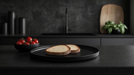 A kitchen with a black table with a black plate and sliced breads toasted on it. 5