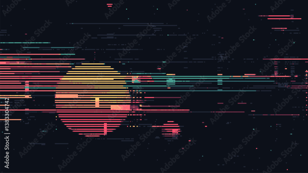 Aufkleber 8-bit pixel art. broken data patterns. glitch art style. minimalist vector illustration of pixelated lines and shapes in the form of an abstract circle. black background.