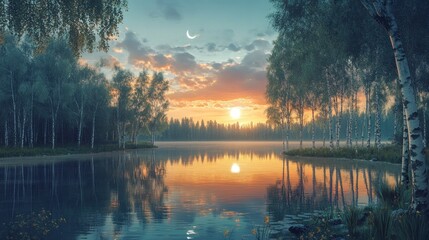 Fototapeta premium Serene sunset over a calm lake surrounded by trees, reflecting a tranquil atmosphere.