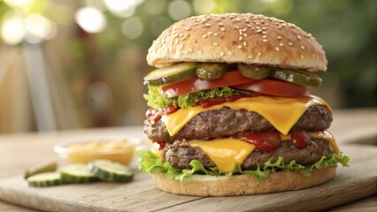 A Double Cheeseburger with Juicy Beef Patties, Melted Cheddar Cheese, Tomato, Lettuce, Ketchup, and Sesame Seed Bun on a Rustic Wooden Surface with Pickle Slices on the Side