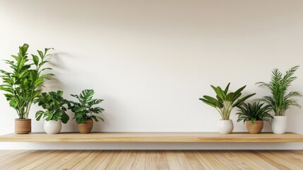 Fototapeta premium Wooden shelf with potted plants against a white wall.