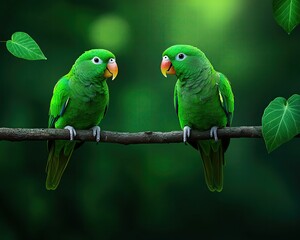 Two green parrots on tree branch in a forest wallpaper for nature lovers high-definition parrot wallpaper and realistic parrot wallpaper for forest scenes with parrots, green parrots, forest backgroun