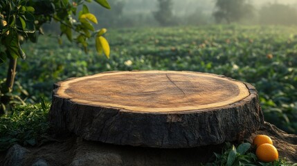 Wooden stump display in lush orchard at sunrise.