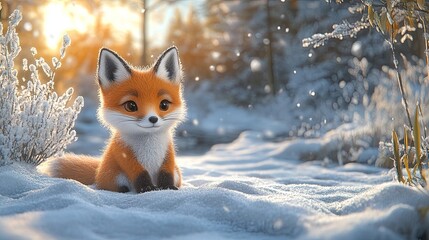 Cute Baby Fox in Snow, Winter Setting, Created with Generative AI, Depicting Wildlife, Nature, and the Beauty of AI-Powered Seasonal Imagery