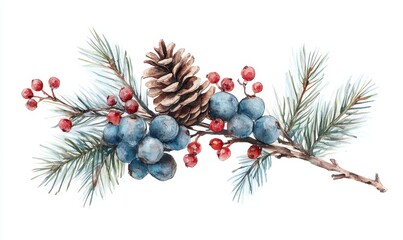 A close-up watercolor illustration of wintery branch, pine cones, blue berries, and red berries against white backdrop.  