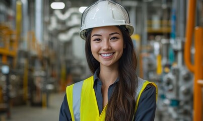 a smiling female worker wearing safety helmet and vest