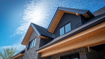 Modern House Exterior with Black Roof and Brick Facade Under a Bright Blue Sky with Wispy Clouds Architecture
