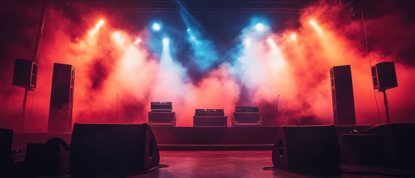 Dramatic stage ambiance with vibrant blue and red lights and smoky atmosphere creating a captivating visual experience for a concert