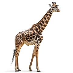 Naklejka premium Majestic Giraffe: A tall giraffe with its distinctive spotted coat stands in profile, showcasing its elongated neck and elegant posture.