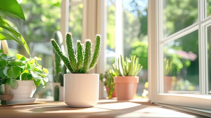 Fototapeta premium Bright Indoor Plant Scene with Cacti and Greenery in Sunlight
