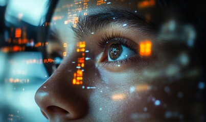 close-up of person looking up with digital data overlay