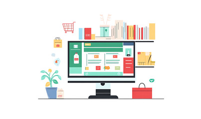 Online shopping, digital selling, ecommerce process, and customer experience through modern illustrated scenes on white background.