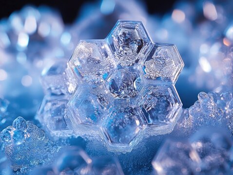 Hexagonal dendritic ice crystals with trapped air bubbles and frost bloom effect in sub-zero scientific cryogenic environment for laboratory analysis