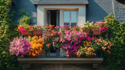 Colorful flowers bloom on a Parisian balcony, sunlit, against a slate roof