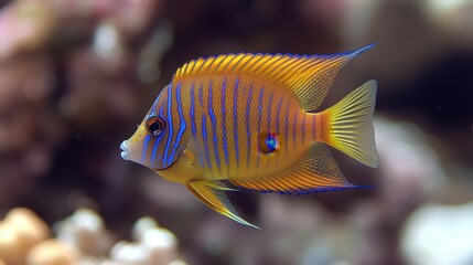 Obraz premium Vibrant angelfish swims gracefully in the coral reef aquarium showcasing its brilliant colors and intricate patterns in a natural habitat