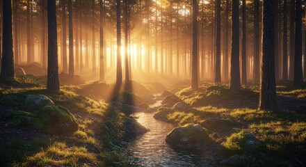 Obraz premium Enchanted Forest with Sunlight Beams