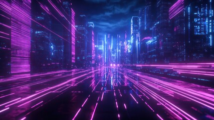 A vibrant, futuristic cityscape with neon lights and a dynamic, digital atmosphere.