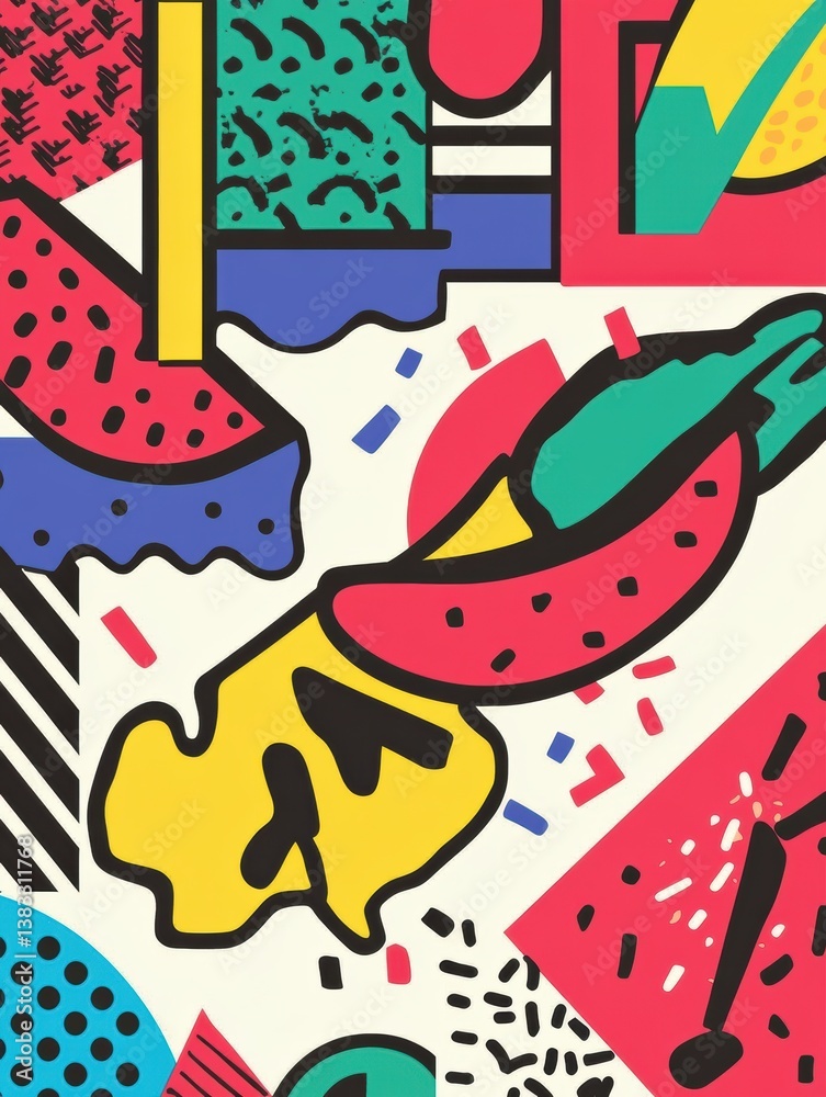 Poster colorful memphis-style pop art background with abstract food shapes and geometric elements for creat