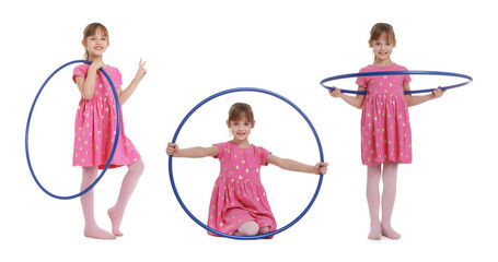 Cute little girl with hula hoop on white background. Collage of photos