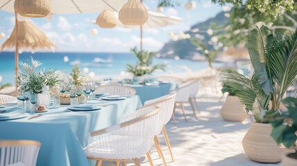 Obraz premium A beachside dining area with white chairs, blue tablecloths, and fresh green plants.