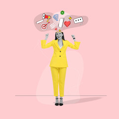Content manager with illustrations coming out of her head on pink background, creative collage