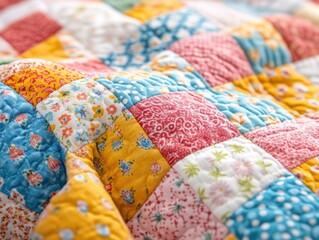 Fototapeta premium Colorful patchwork quilt displaying a variety of floral patterns and geometric designs in a cozy and inviting style