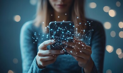 a woman holding a smartphone in her hands with digital data or network. She is looking at the screen, surrounded by glowing particles
