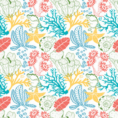 Seamless pattern of corals and shells. Sea coral reef polyps and algae, tropical ocean, underwater wildlife and marine flora, textile or wallpaper background design.