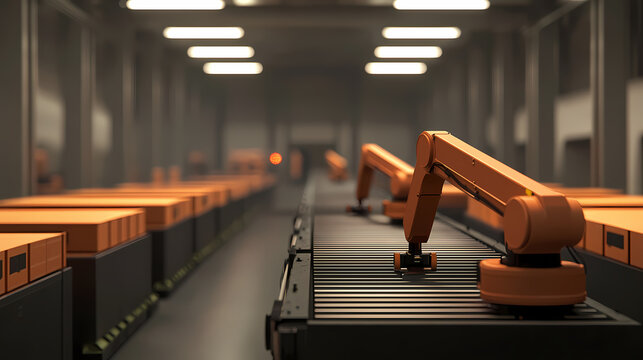 A modern warehouse scene featuring robotic arms efficiently managing orange containers on a conveyor belt in a high-tech environment.