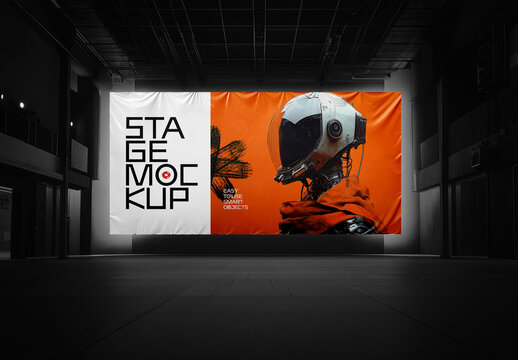 Futuristic Indoor Stage Banner Mockup with Robotic Concept Design &mdash; High-Quality Visual for Performances, Tech Events, and Branding Displays